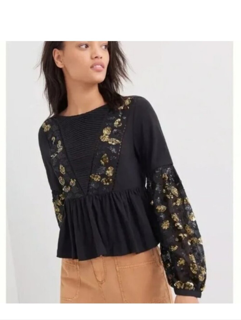 Anthropologie Black And Gold Neale Sequened Peplum Top With Balloon Sleaves